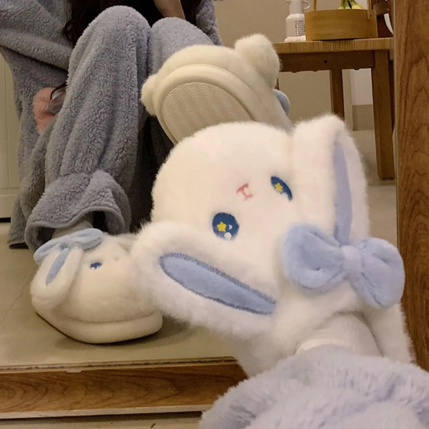 Blue Rabbit Slippers Girl Boy Kids Animal Cute Big Ears Winter House Shoes Warm Bunny Slippers Soft Plush Indoor Novelty Slipper