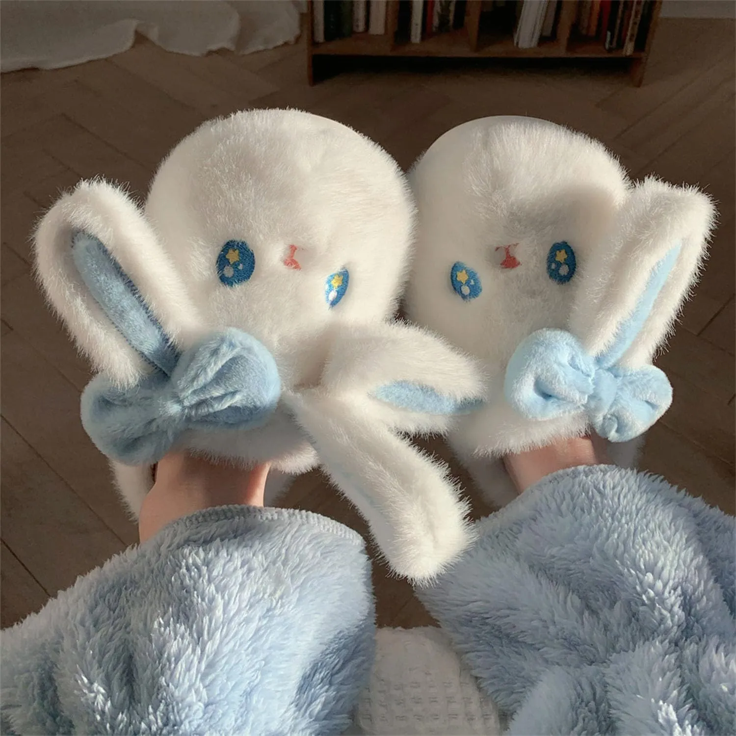 Blue Rabbit Slippers Girl Boy Kids Animal Cute Big Ears Winter House Shoes Warm Bunny Slippers Soft Plush Indoor Novelty Slipper