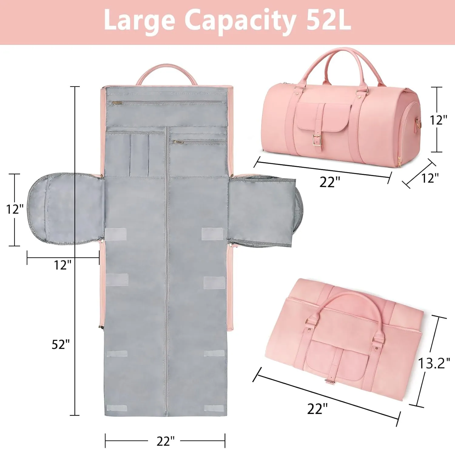 BOLOSTA 2 in 1 Convertible Garment Duffle Bags for Travel Foldable Carry On Garment Bag for Women with Shoe Compartment Leather Suit Bag for Hanging Clothes Long Dresses
