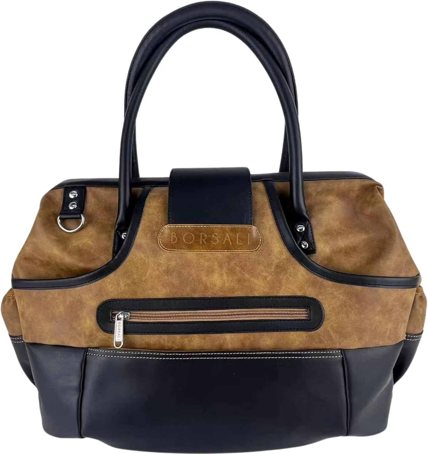 BORSALI Weekender Duffel Bag for Women with Packing Cubes, Travel Wallet, Shoe Covers, Crossbody Strap, Vegan Leather (Brown Duffel)