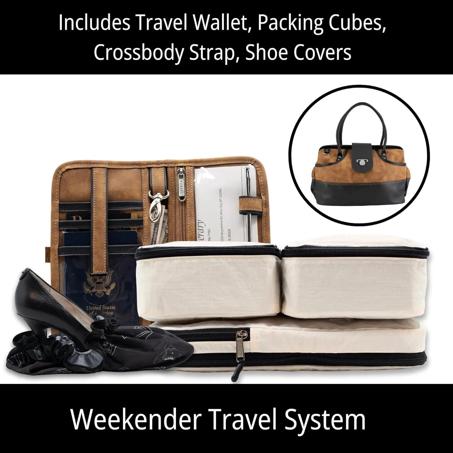 BORSALI Weekender Duffel Bag for Women with Packing Cubes, Travel Wallet, Shoe Covers, Crossbody Strap, Vegan Leather (Brown Duffel)