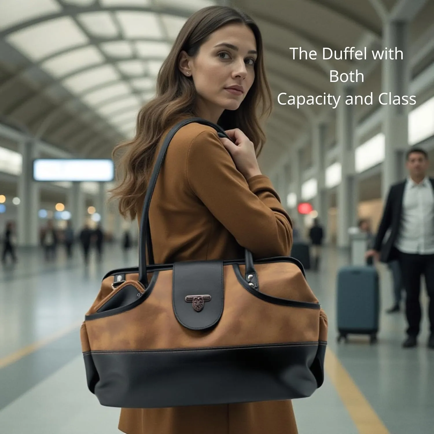 BORSALI Weekender Duffel Bag for Women with Packing Cubes, Travel Wallet, Shoe Covers, Crossbody Strap, Vegan Leather (Brown Duffel)