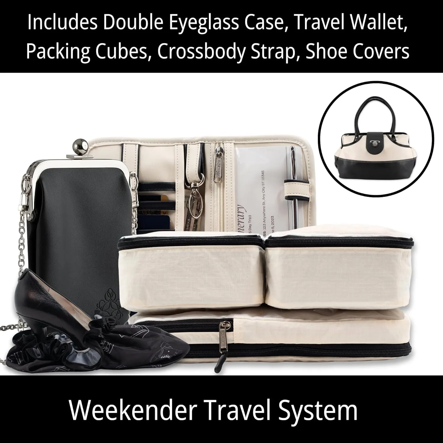 BORSALI Weekender Duffel Bag for Women with Packing Cubes, Travel Wallet, Shoe Covers, Sunglass Case Vegan Leather- Cream Bag & Black Sunglass Case with Removable Crossbody Chain