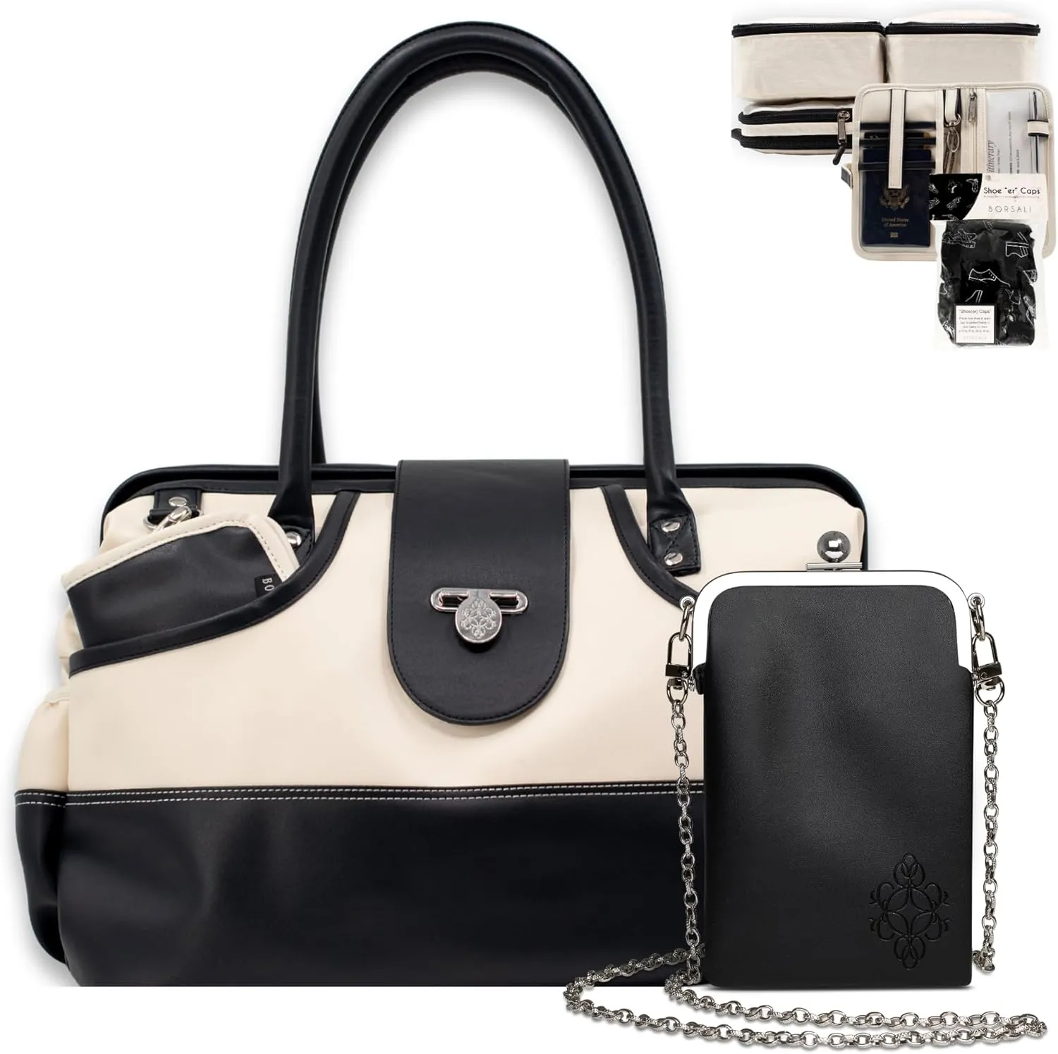 BORSALI Weekender Duffel Bag for Women with Packing Cubes, Travel Wallet, Shoe Covers, Sunglass Case Vegan Leather- Cream Bag & Black Sunglass Case with Removable Crossbody Chain