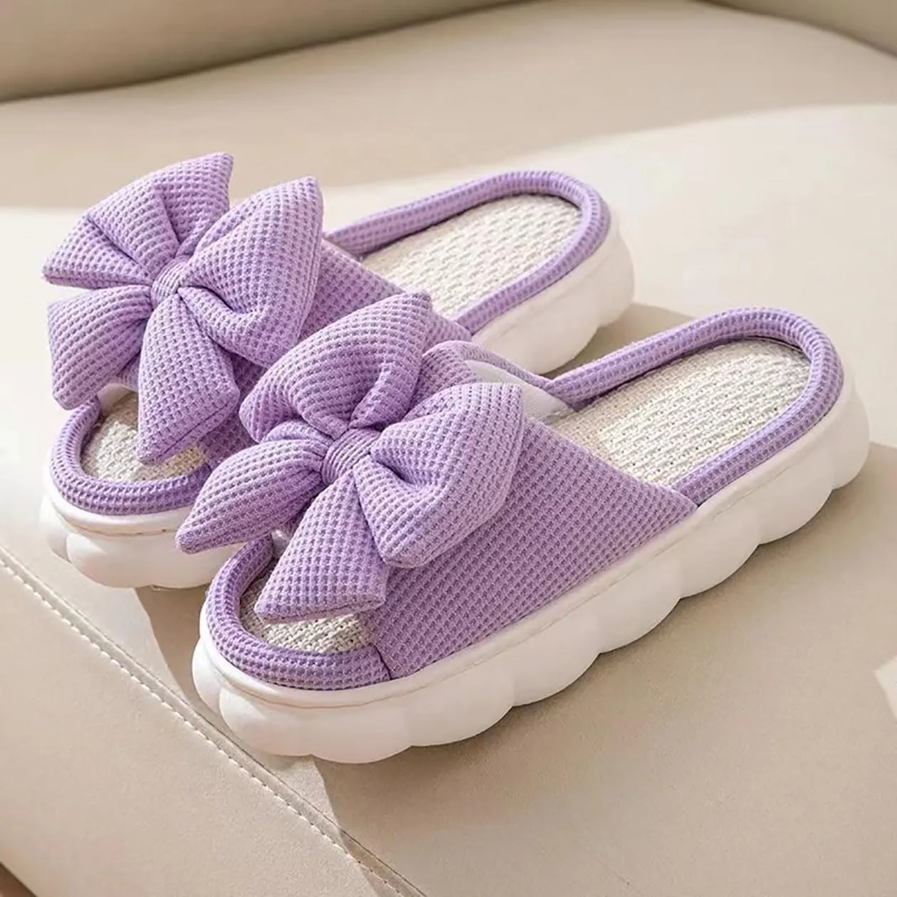 Bow shaped slippers cute women's summer home open toe linen slippers