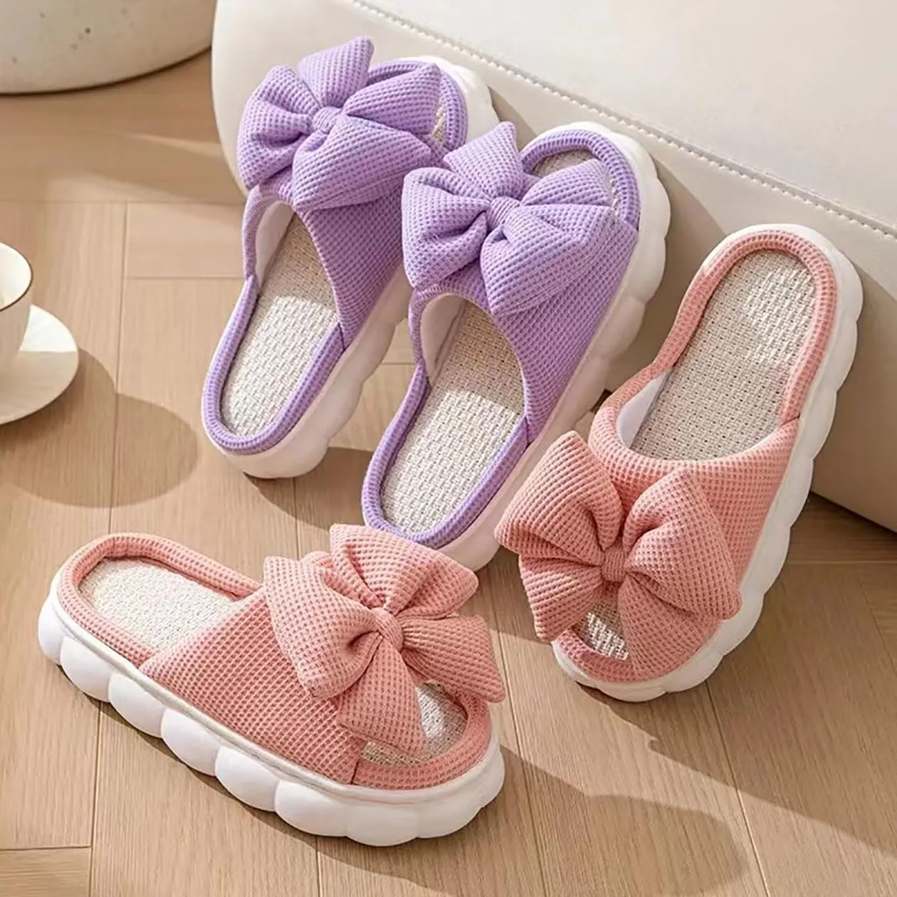 Bow shaped slippers cute women's summer home open toe linen slippers