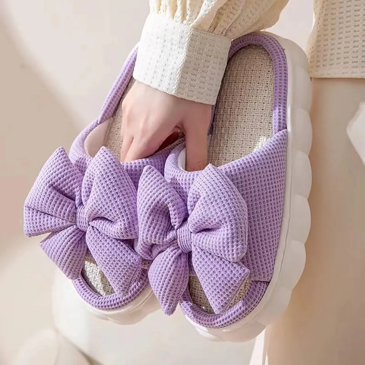 Bow shaped slippers cute women's summer home open toe linen slippers