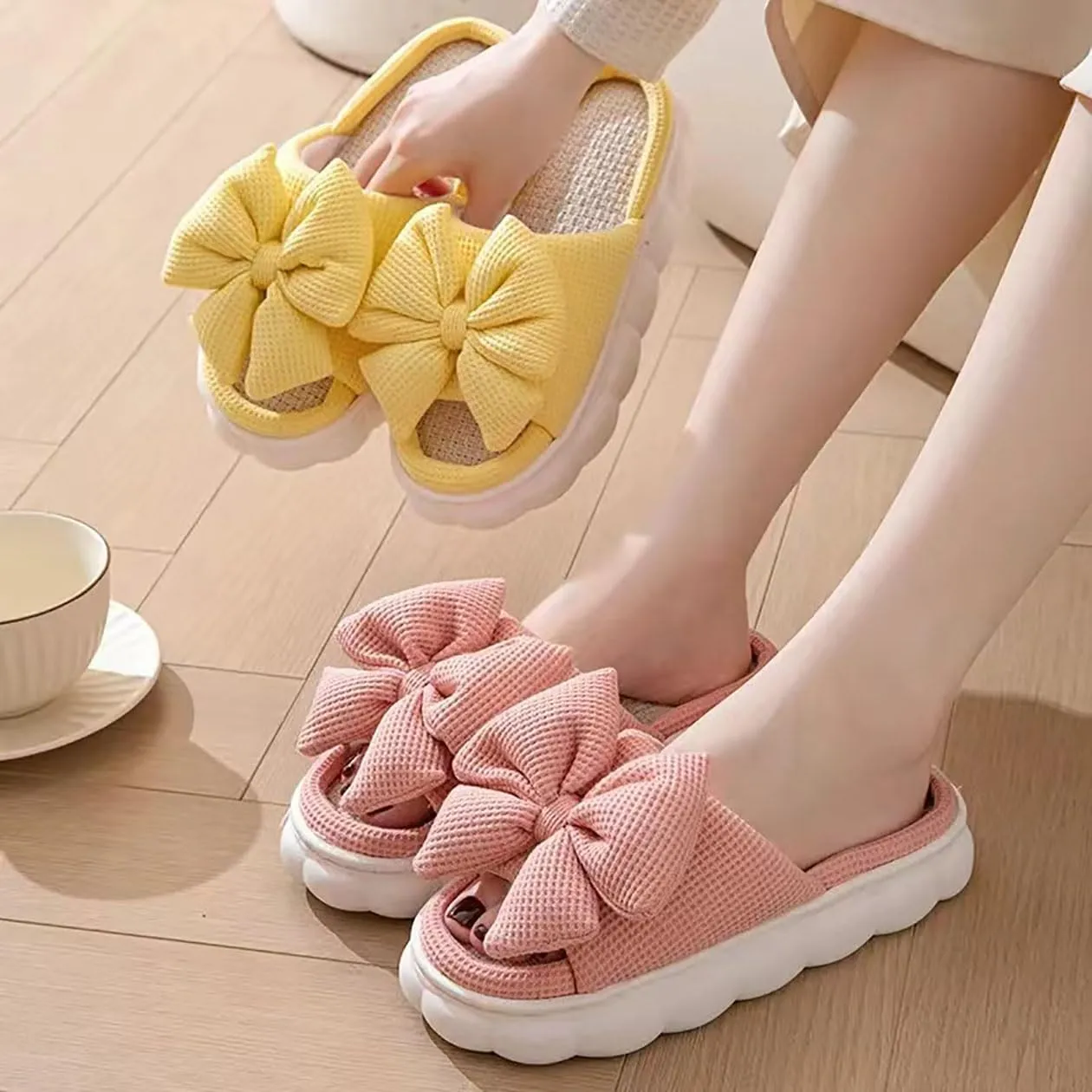 Bow shaped slippers cute women's summer home open toe linen slippers