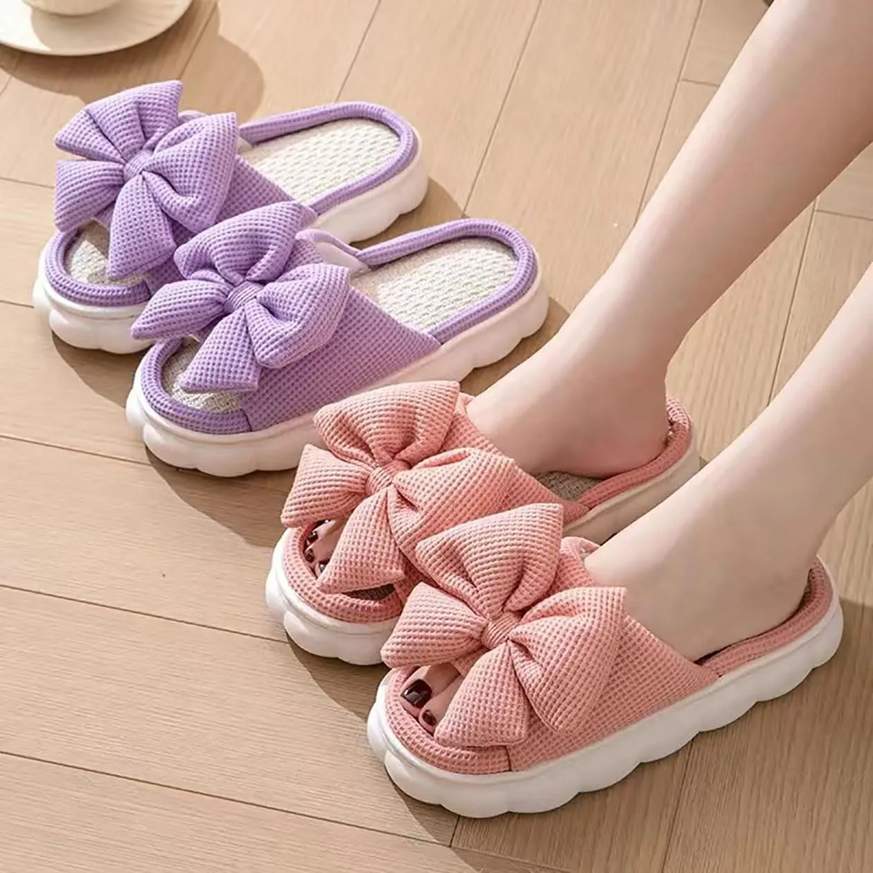 Bow shaped slippers cute women's summer home open toe linen slippers