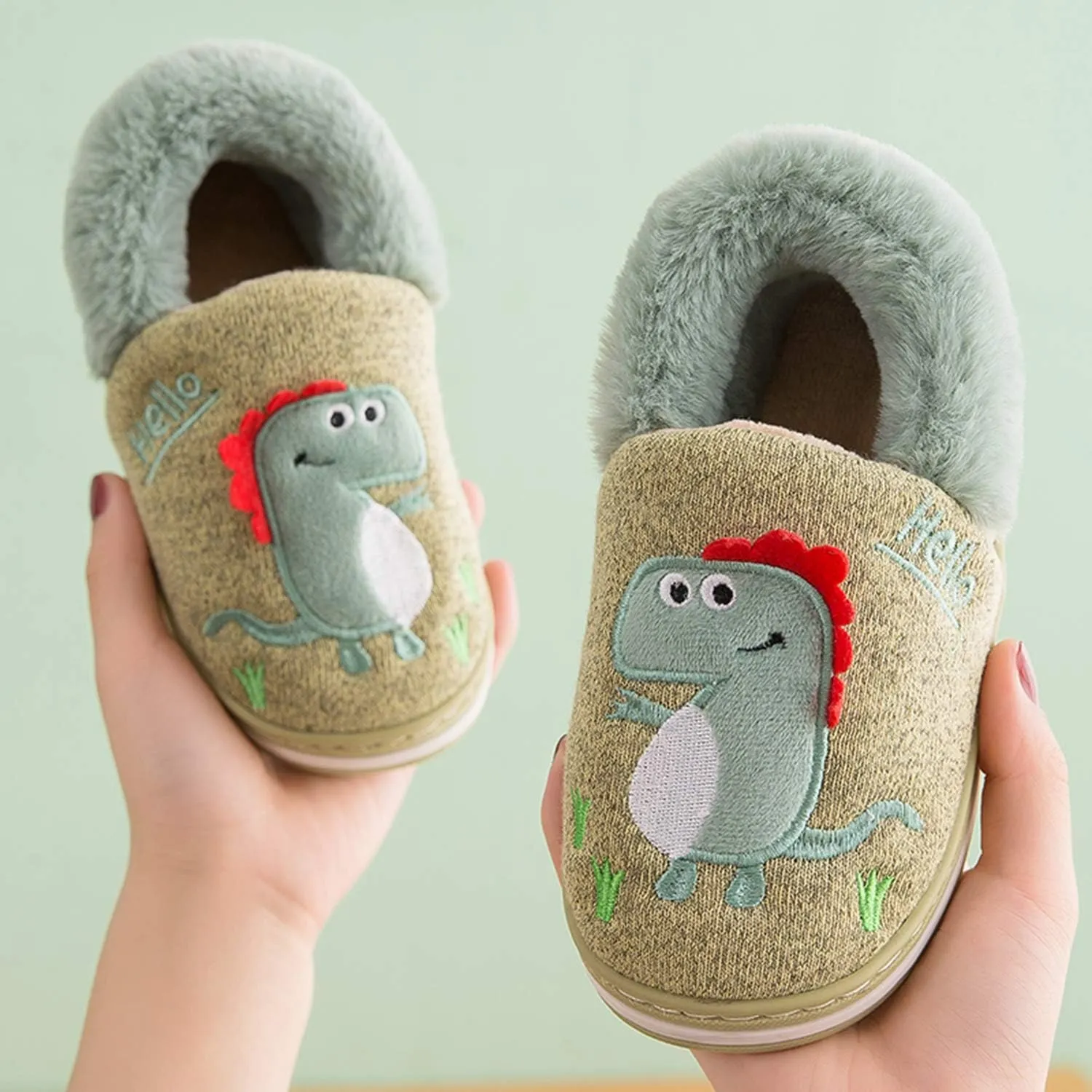 Boy's Girls Cute Dinosaur Warm Slippers - Kids Soft Plush Lined House Indoor Slip on Shoes