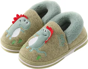 Boy's Girls Cute Dinosaur Warm Slippers - Kids Soft Plush Lined House Indoor Slip on Shoes