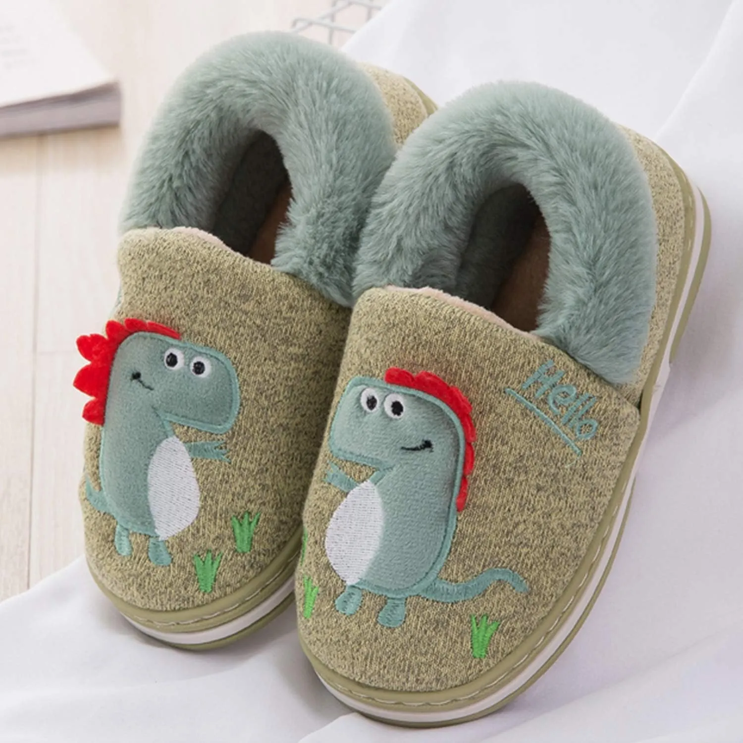 Boy's Girls Cute Dinosaur Warm Slippers - Kids Soft Plush Lined House Indoor Slip on Shoes