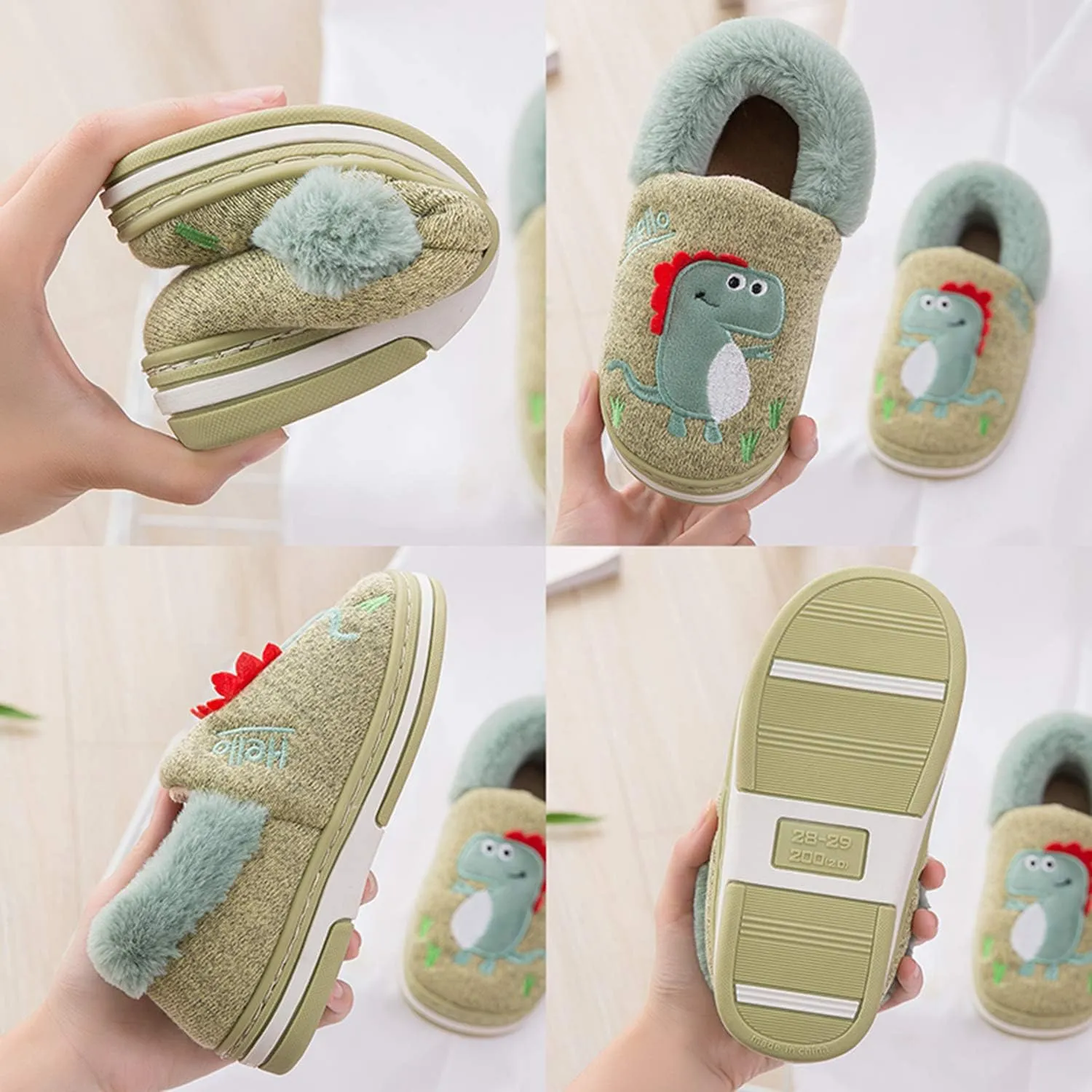 Boy's Girls Cute Dinosaur Warm Slippers - Kids Soft Plush Lined House Indoor Slip on Shoes