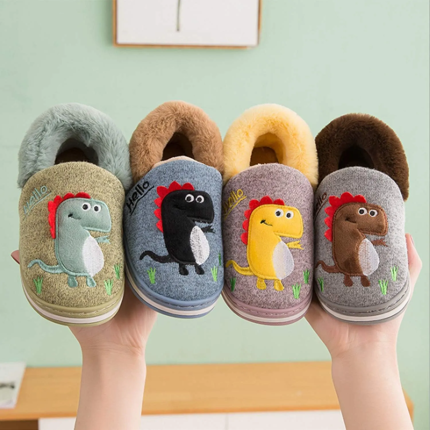 Boy's Girls Cute Dinosaur Warm Slippers - Kids Soft Plush Lined House Indoor Slip on Shoes