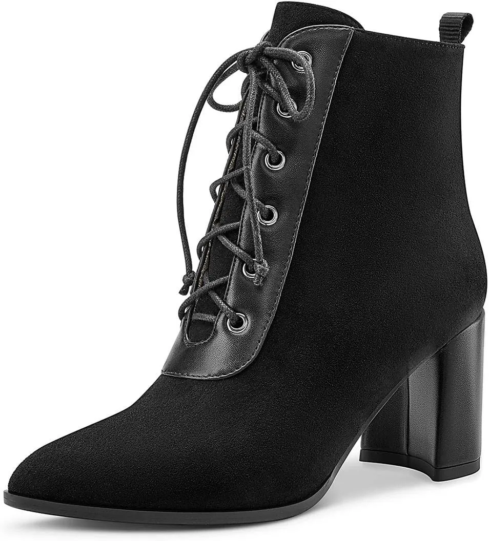 Castamere Womens High Block Heels Ankle Boots Pointed Toe Booties with Laces 7.5CM Heels