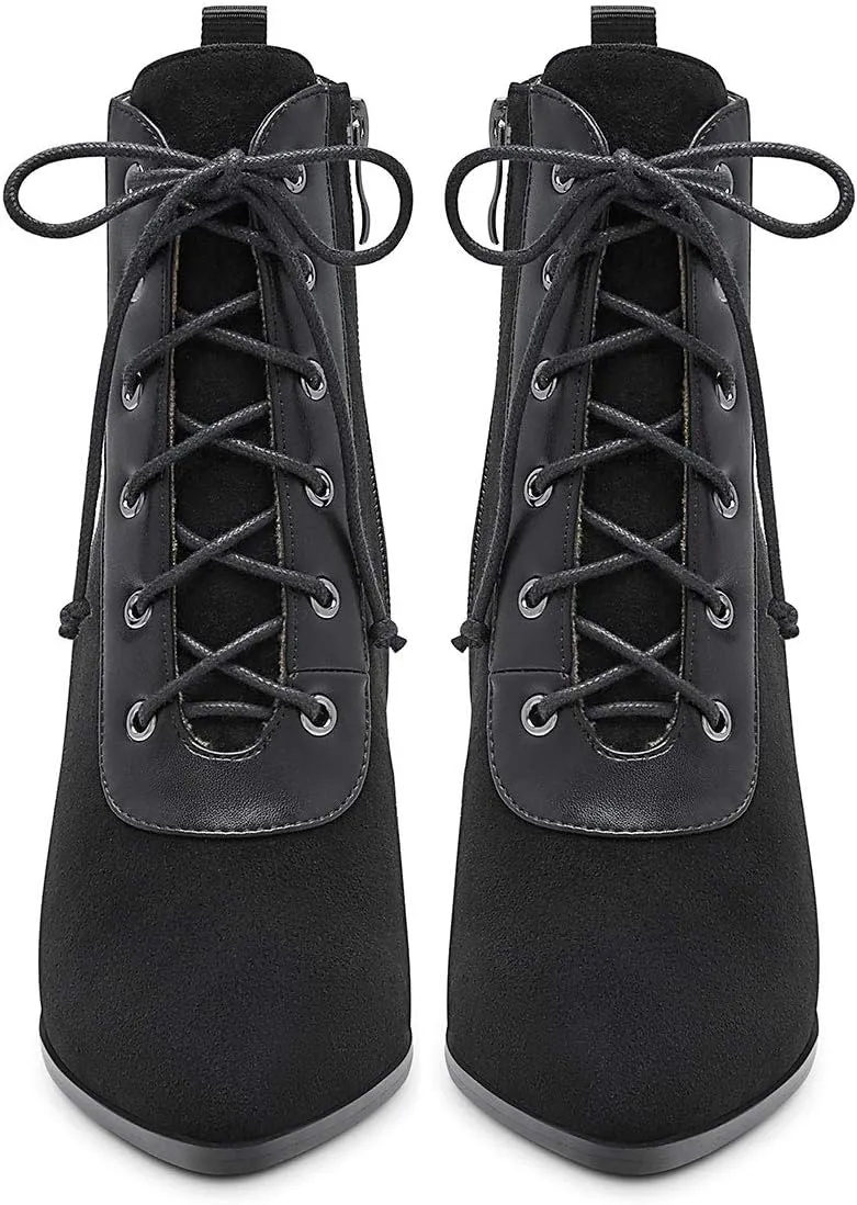 Castamere Womens High Block Heels Ankle Boots Pointed Toe Booties with Laces 7.5CM Heels