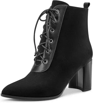 Castamere Womens High Block Heels Ankle Boots Pointed Toe Booties with Laces 7.5CM Heels