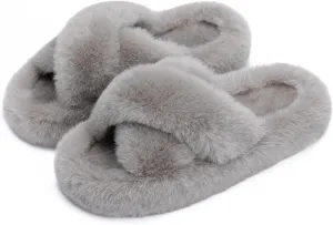 Chantomoo Women's Blue Memory Foam Faux Fur Lined Open Toe Slippers for Women - US 12
