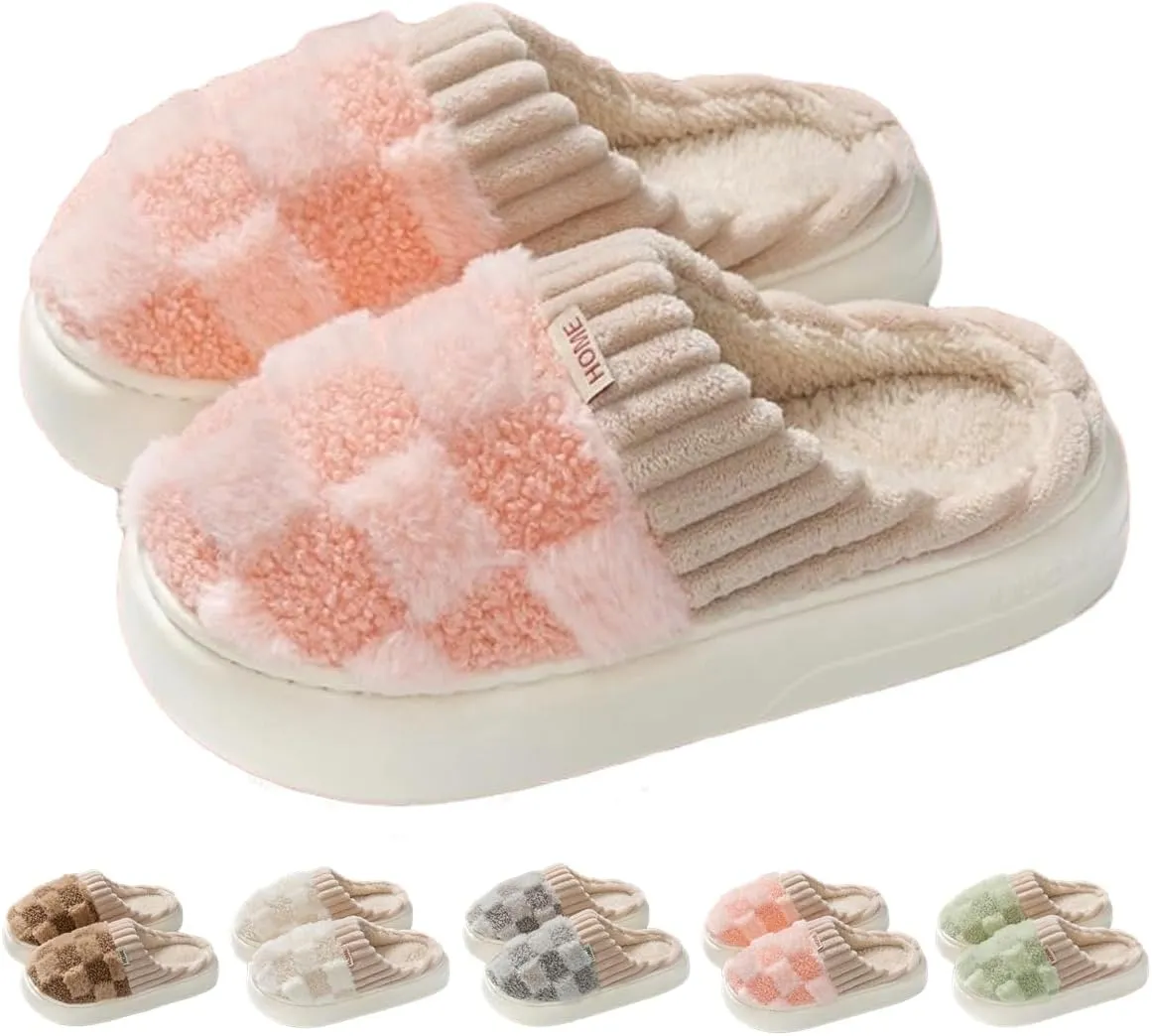 Checkered Slipper House Slippers for Women Men Plush Warm Fuzzy Slippers Flyffy Bedroom Shoes Indoor Slip On