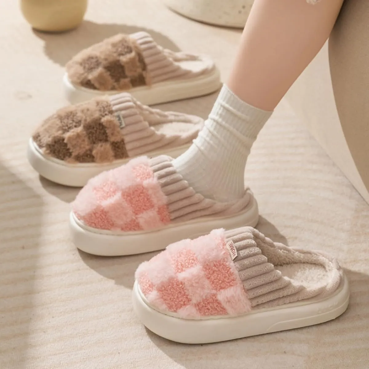 Checkered Slipper House Slippers for Women Men Plush Warm Fuzzy Slippers Flyffy Bedroom Shoes Indoor Slip On