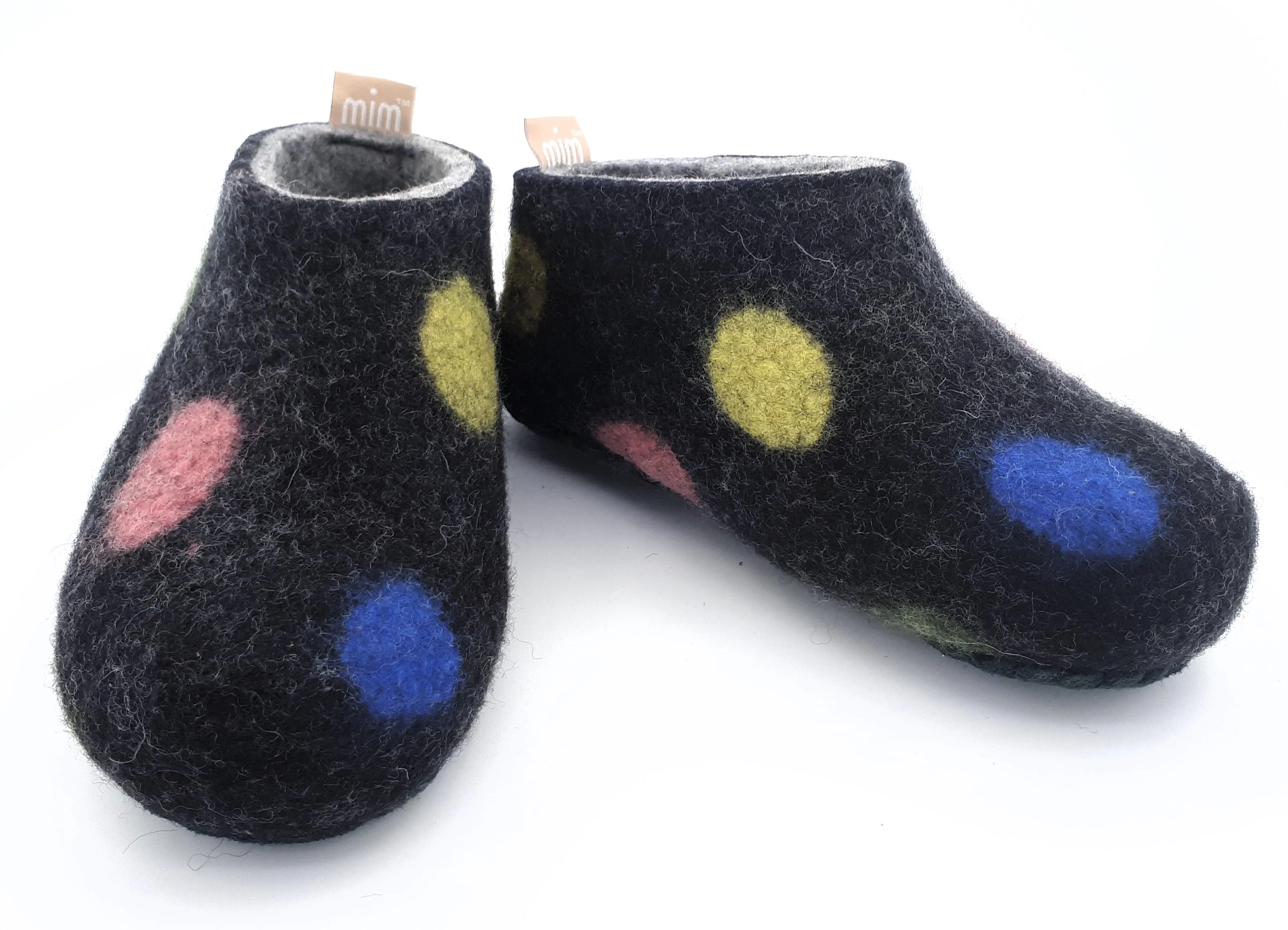 Children's Slippers 100% wool felt with grey interior Black and colour dots