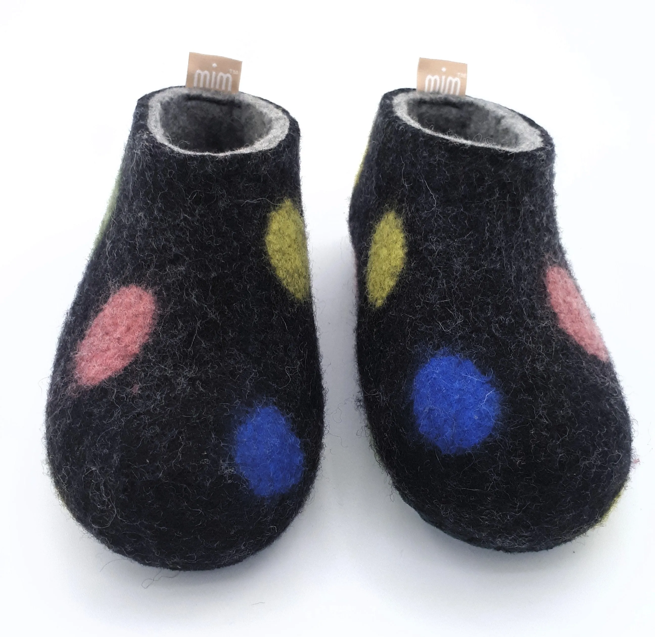 Children's Slippers 100% wool felt with grey interior Black and colour dots