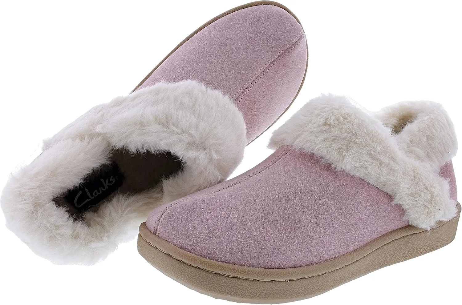 Clarks Womens Suede Leather Ankle Bootie Slipper JMH2034 - Plush Faux Fur Lined - Indoor Outdoor House Slippers For Women