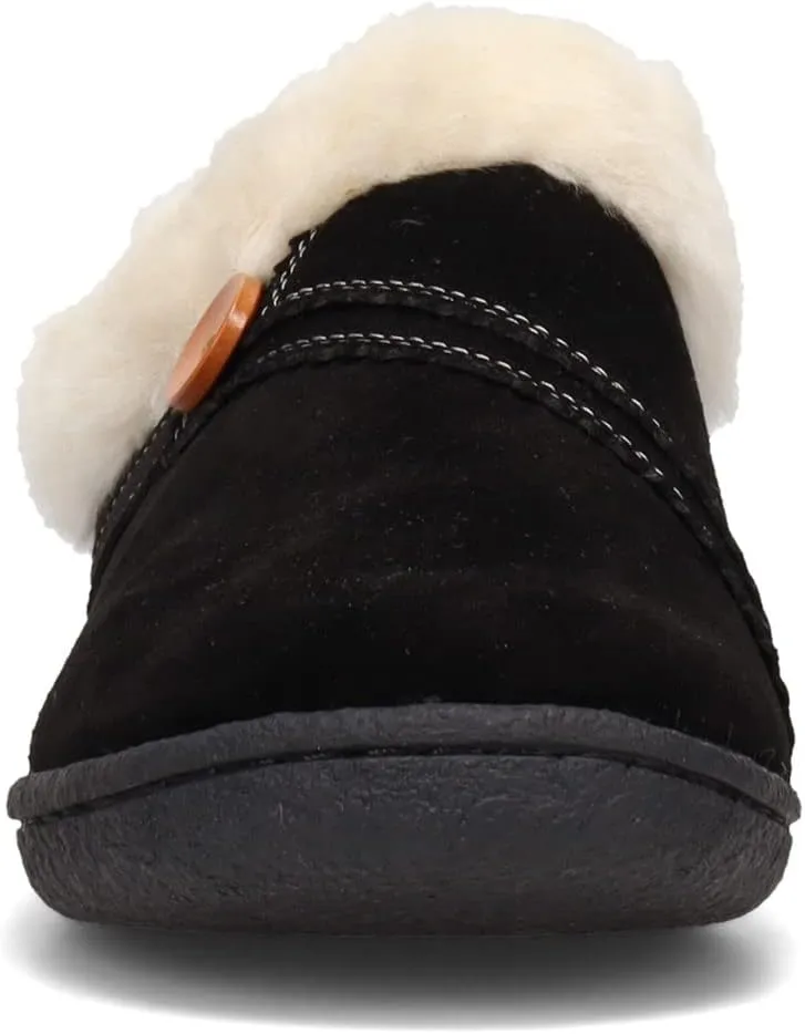 Clarks Womens Suede Leather Clog Slipper JMS0411B - Warm Plush Faux Fur Lining - Indoor Outdoor House Slippers For Women