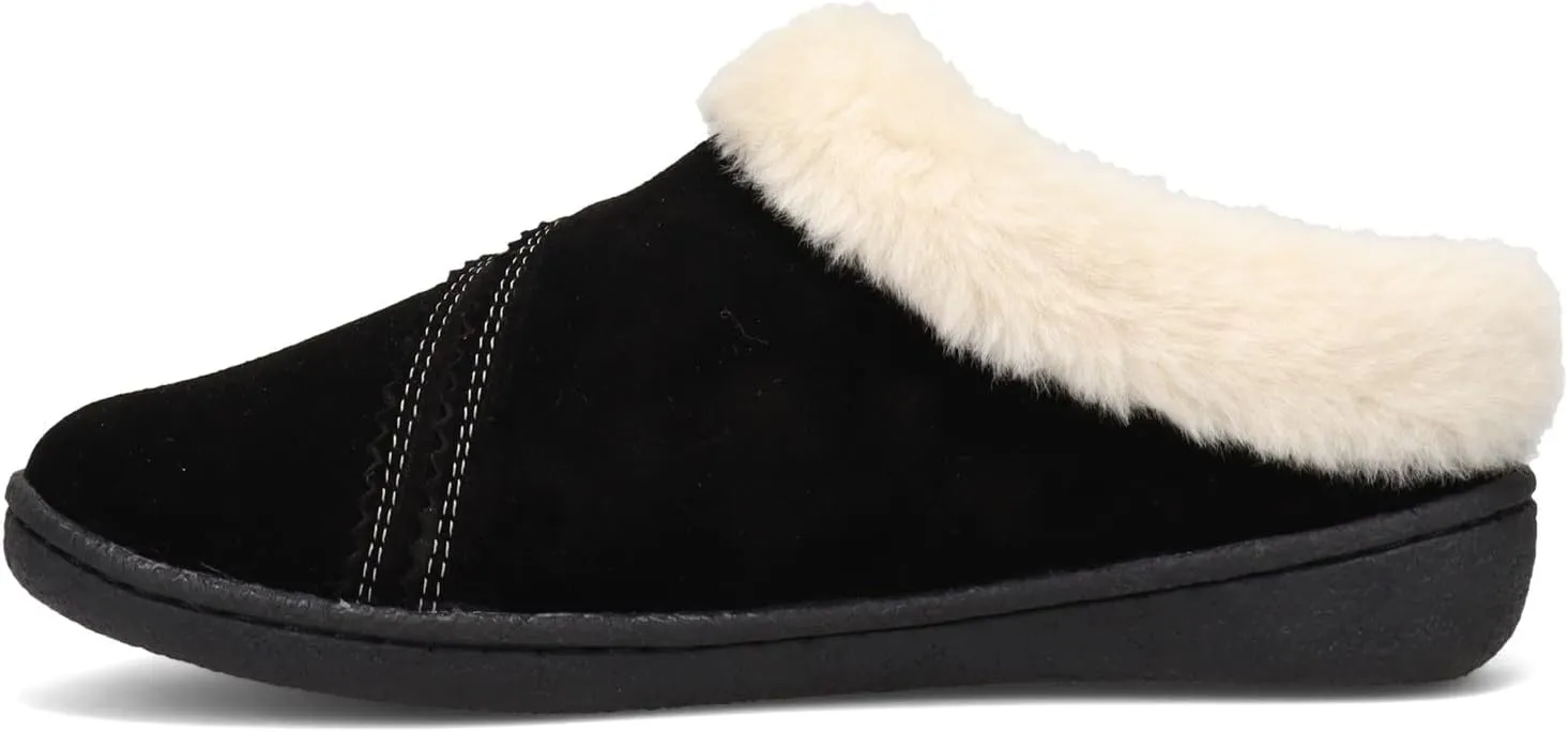 Clarks Womens Suede Leather Clog Slipper JMS0411B - Warm Plush Faux Fur Lining - Indoor Outdoor House Slippers For Women