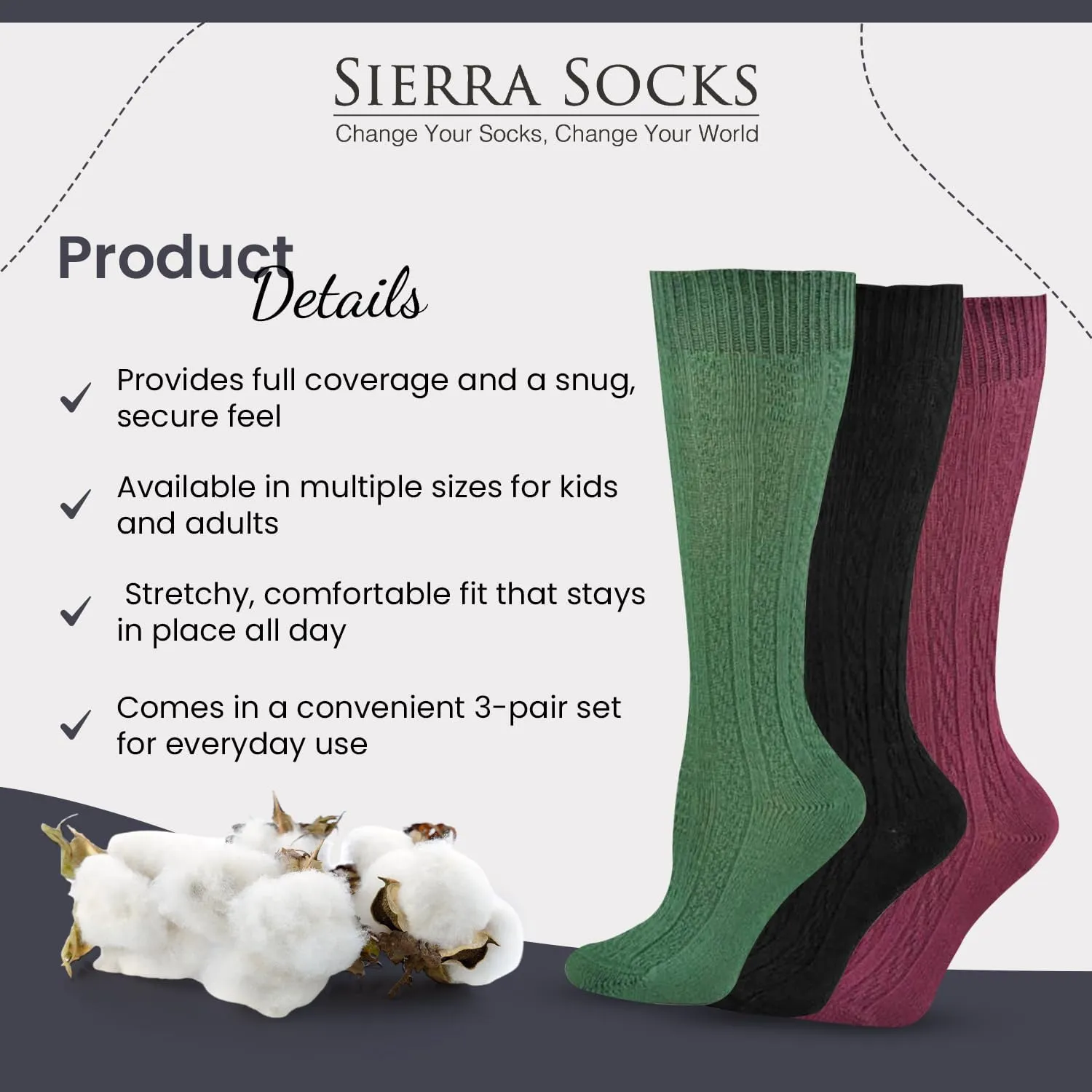 Classic Girls Cable Knit Knee socks, Combed Cotton Knee High Uniform Socks Soft 3 Pair Pack Comfortable Girls Uniform Socks
