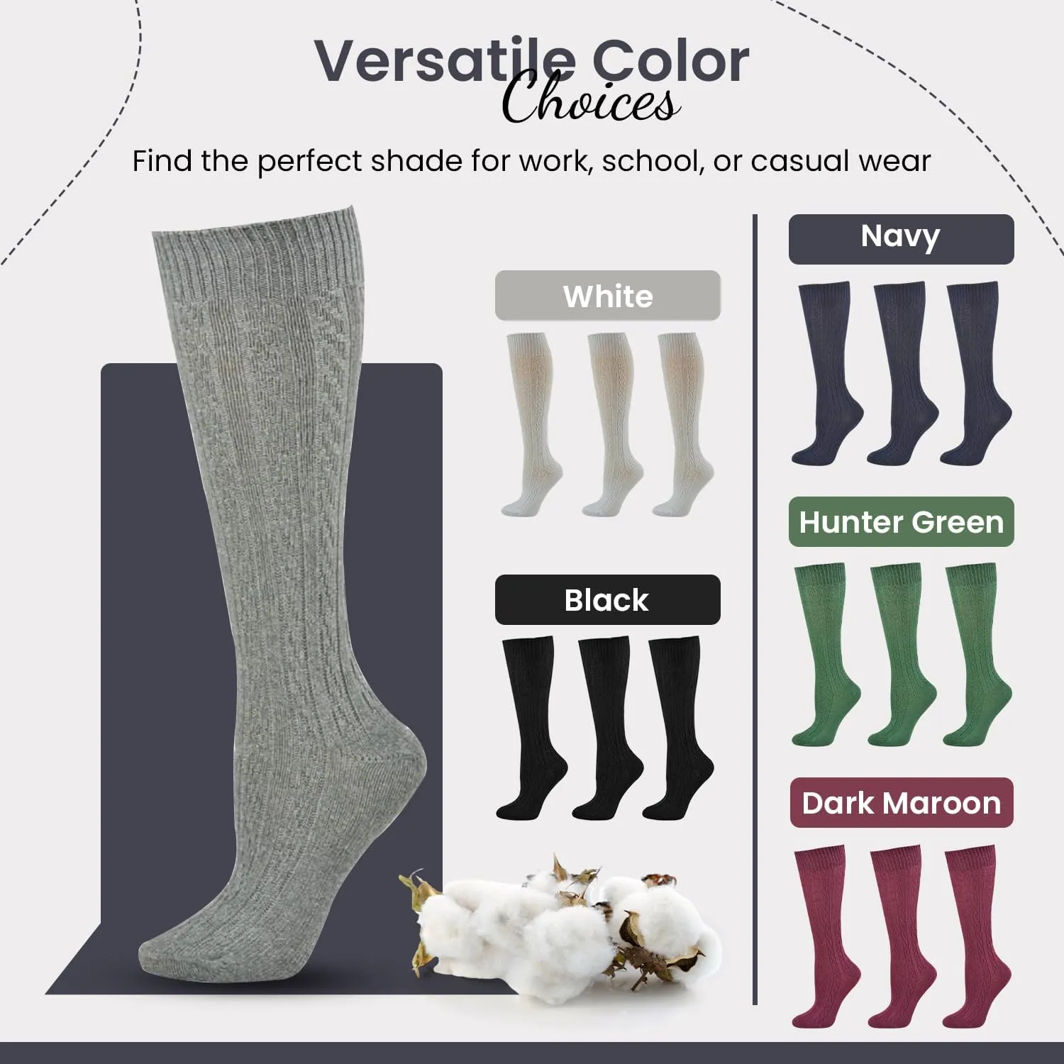 Classic Girls Cable Knit Knee socks, Combed Cotton Knee High Uniform Socks Soft 3 Pair Pack Comfortable Girls Uniform Socks