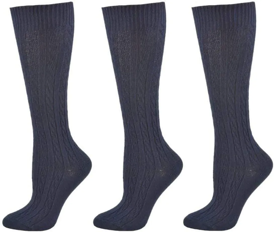Classic Girls Cable Knit Knee socks, Combed Cotton Knee High Uniform Socks Soft 3 Pair Pack Comfortable Girls Uniform Socks