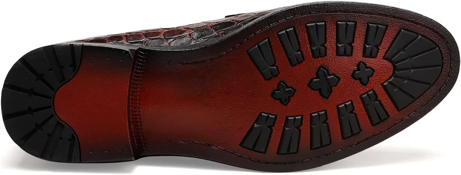 Classic Mens Leather Dress Loafer, Luxury Crocodile Printed Formal Business Shoes Slip on Dress Shoes with Buckle Penny Loafer for Mens
