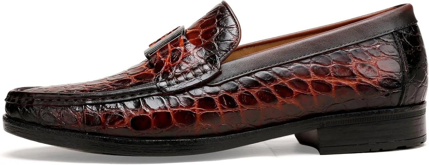 Classic Mens Leather Dress Loafer, Luxury Crocodile Printed Formal Business Shoes Slip on Dress Shoes with Buckle Penny Loafer for Mens
