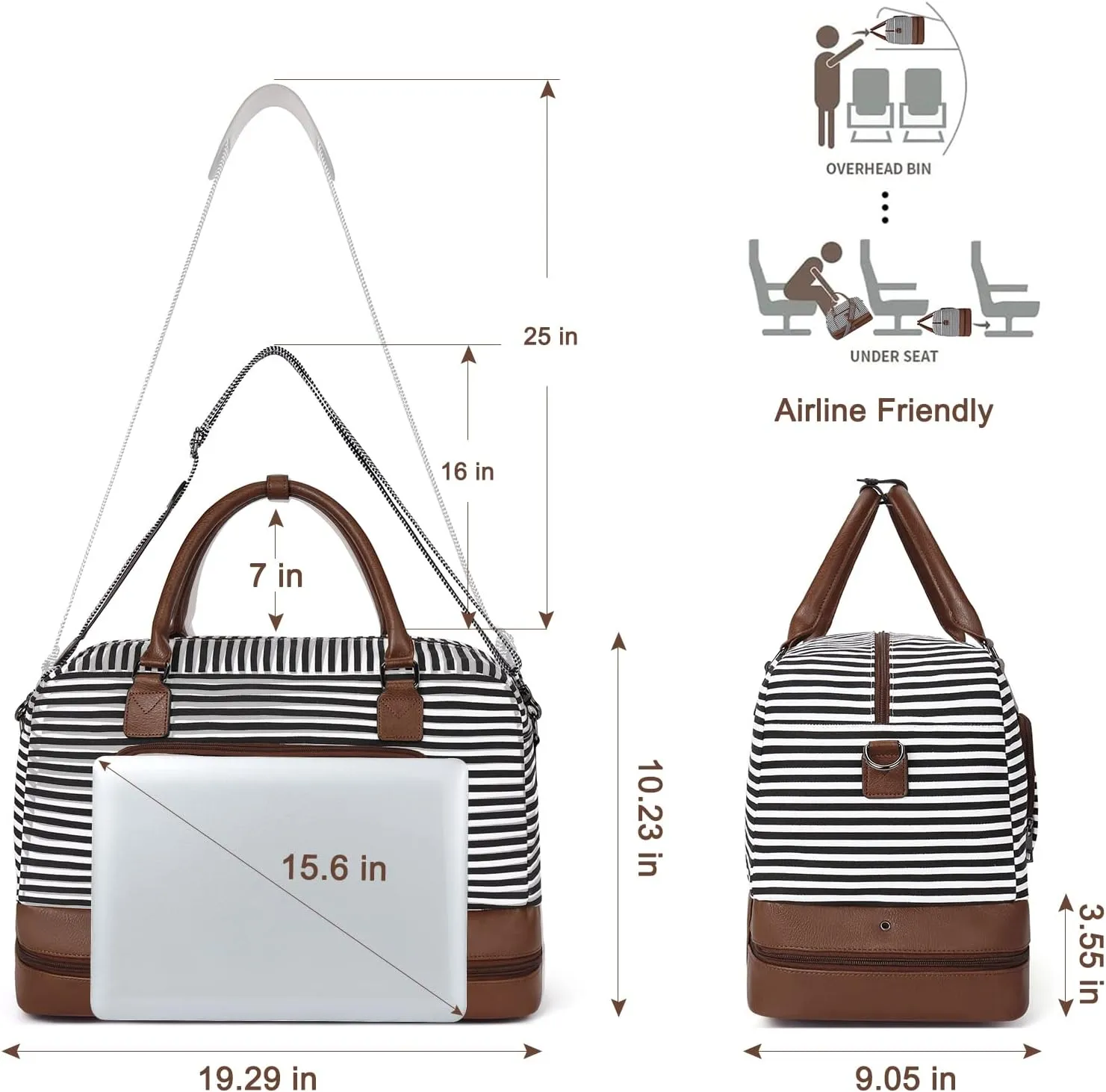 CLUCI Weekender Bags for Women Duffle Bag Personal Item Travel Canvas Overnight Bags Carry On Tote with Shoe Compartment Black and White Stripe