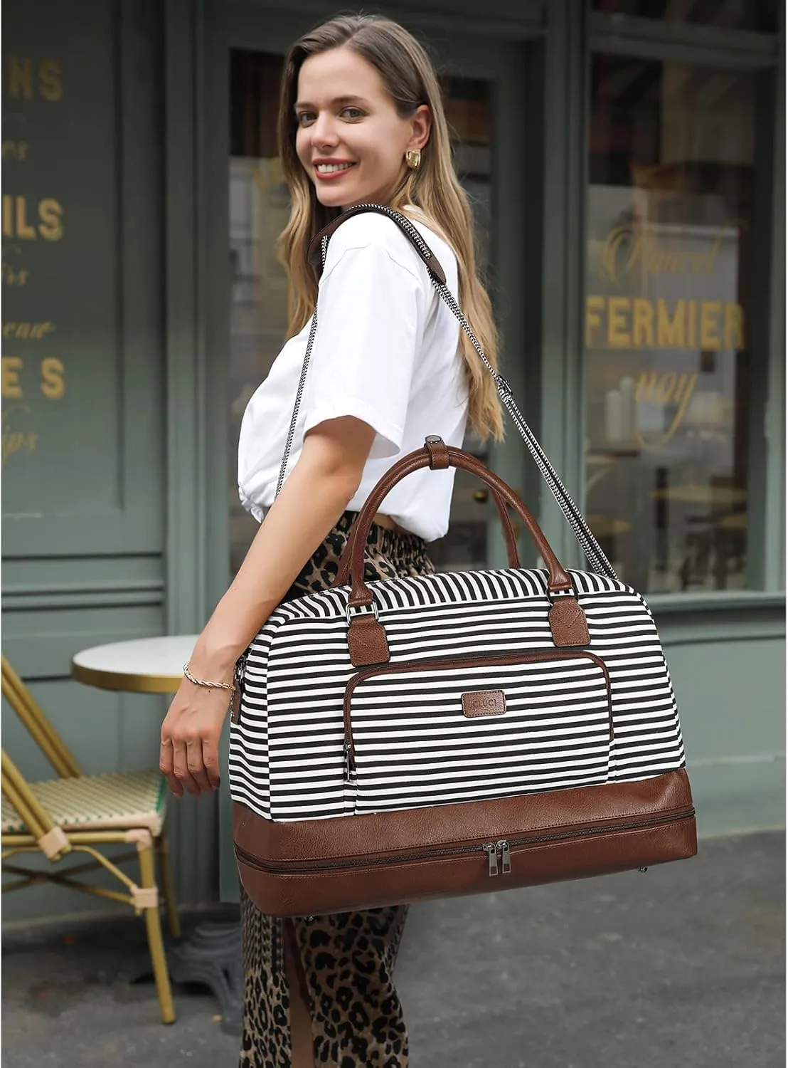 CLUCI Weekender Bags for Women Duffle Bag Personal Item Travel Canvas Overnight Bags Carry On Tote with Shoe Compartment Black and White Stripe
