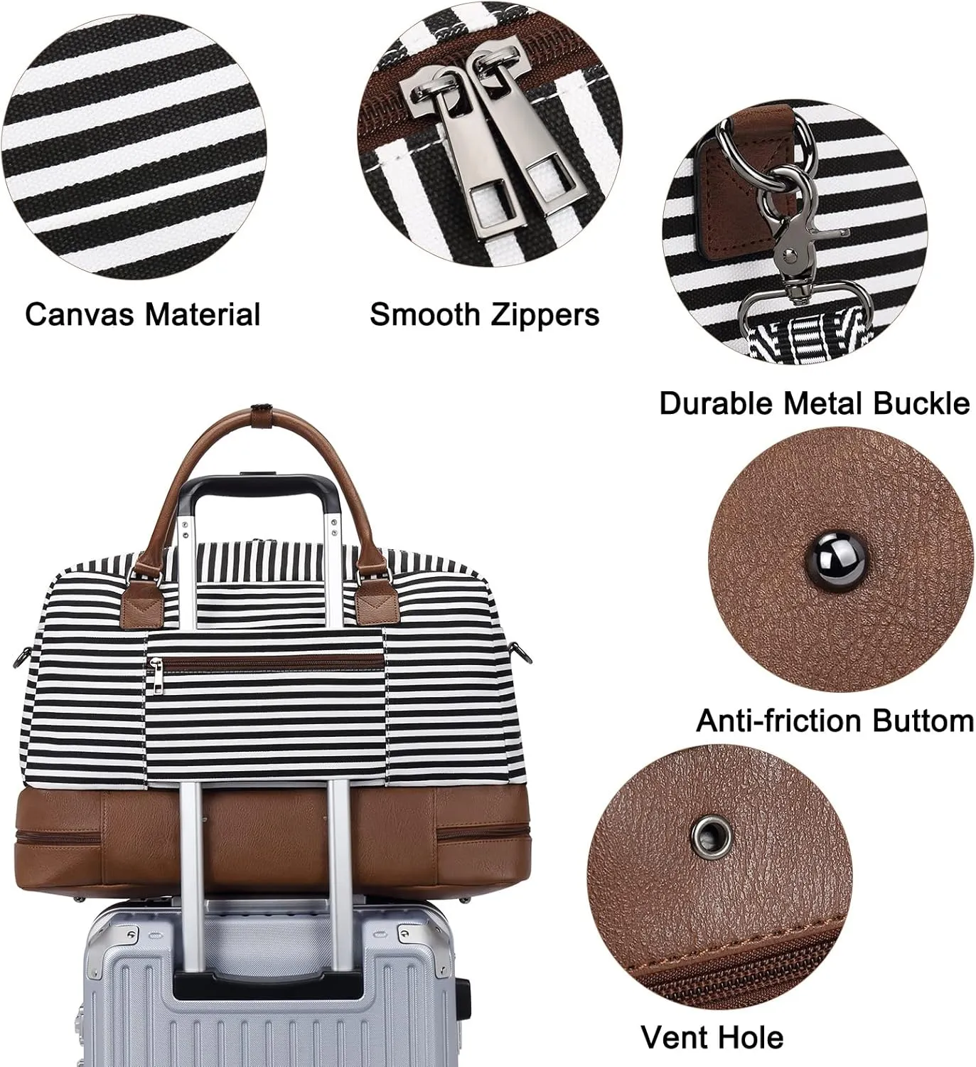 CLUCI Weekender Bags for Women Duffle Bag Personal Item Travel Canvas Overnight Bags Carry On Tote with Shoe Compartment Black and White Stripe
