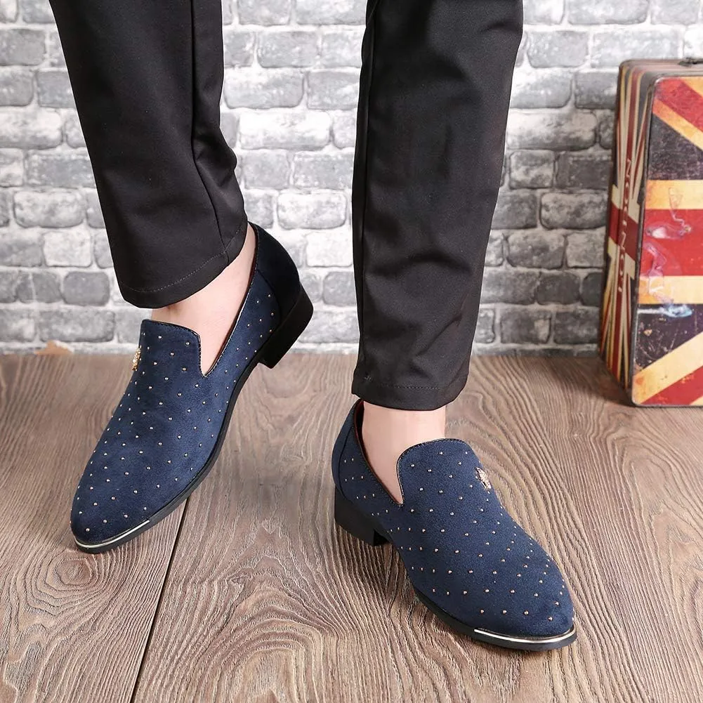 CMM Men's Pointed Toe Rivet Dress Shoes Glitter Modern Metallic Slip On Loafers Plus Size