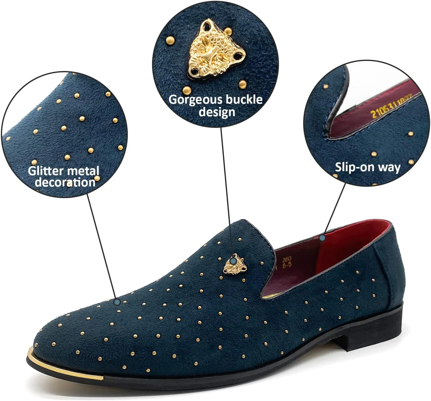 CMM Men's Pointed Toe Rivet Dress Shoes Glitter Modern Metallic Slip On Loafers Plus Size