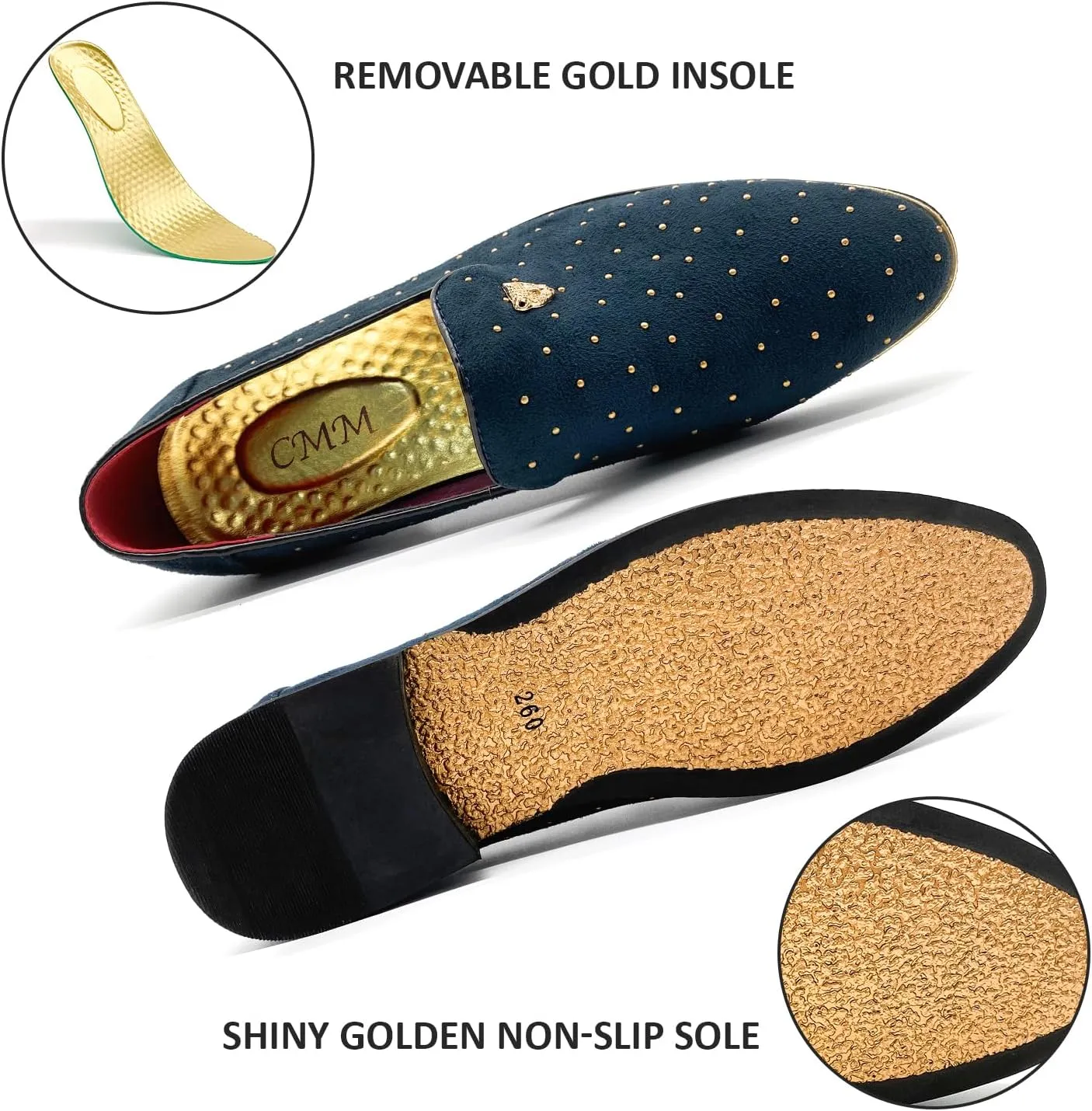 CMM Men's Pointed Toe Rivet Dress Shoes Glitter Modern Metallic Slip On Loafers Plus Size