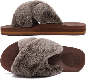 COFACE Womens Fuzzy Slides Fluff Faux Fur Cross Slippers Open Toe Yoga Mat House Slippers Sandals With Arch Support For Indoor/Outdoor