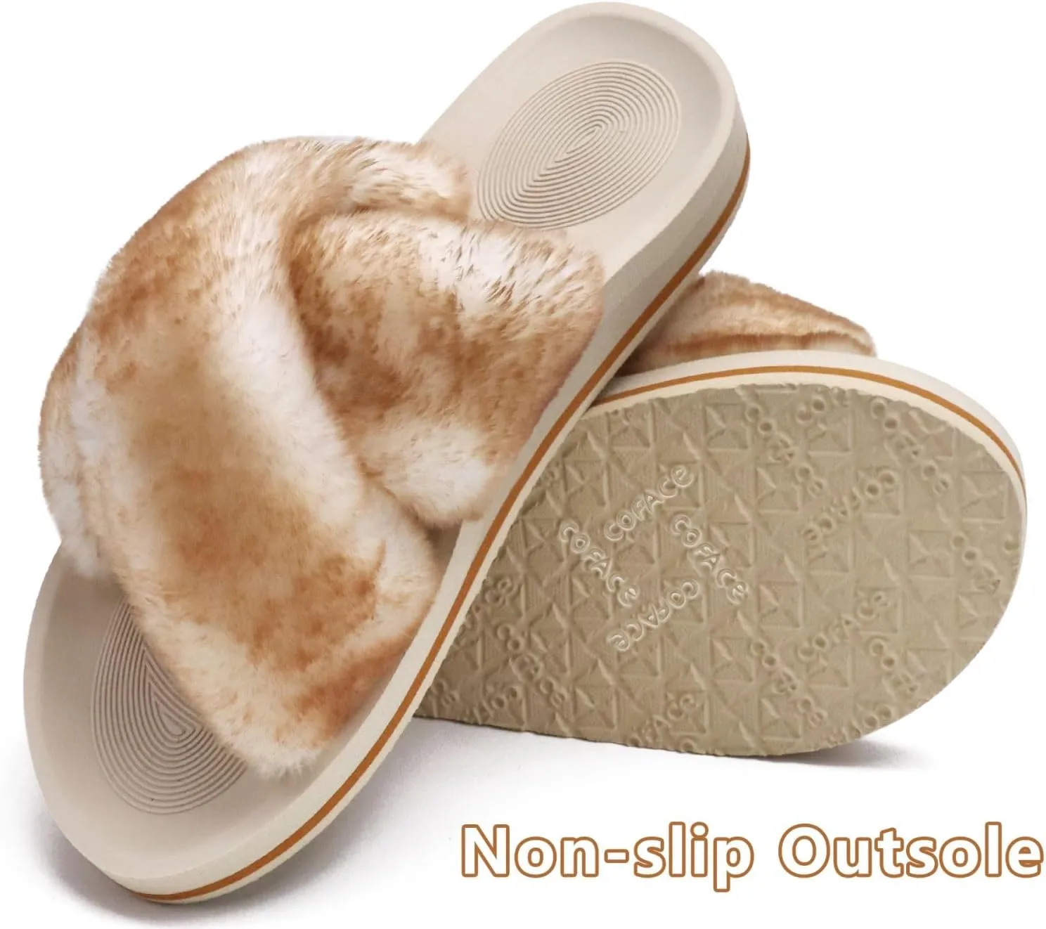 COFACE Womens Fuzzy Slides Fluff Faux Fur Cross Slippers Open Toe Yoga Mat House Slippers Sandals With Arch Support For Indoor/Outdoor