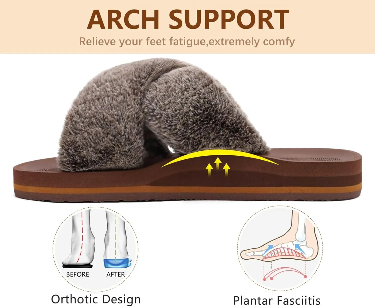 COFACE Womens Fuzzy Slides Fluff Faux Fur Cross Slippers Open Toe Yoga Mat House Slippers Sandals With Arch Support For Indoor/Outdoor