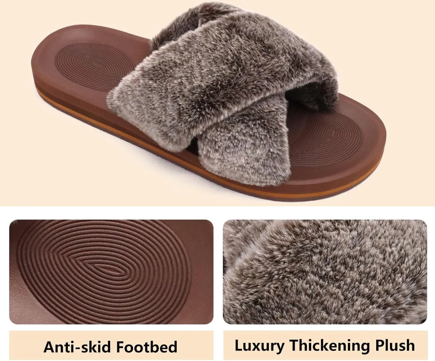 COFACE Womens Fuzzy Slides Fluff Faux Fur Cross Slippers Open Toe Yoga Mat House Slippers Sandals With Arch Support For Indoor/Outdoor