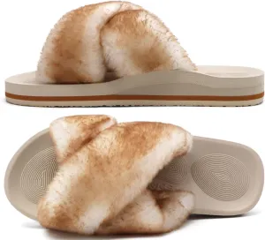 COFACE Womens Fuzzy Slides Fluff Faux Fur Cross Slippers Open Toe Yoga Mat House Slippers Sandals With Arch Support For Indoor/Outdoor