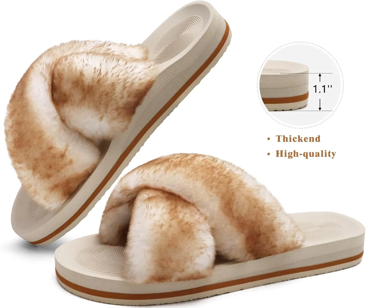 COFACE Womens Fuzzy Slides Fluff Faux Fur Cross Slippers Open Toe Yoga Mat House Slippers Sandals With Arch Support For Indoor/Outdoor