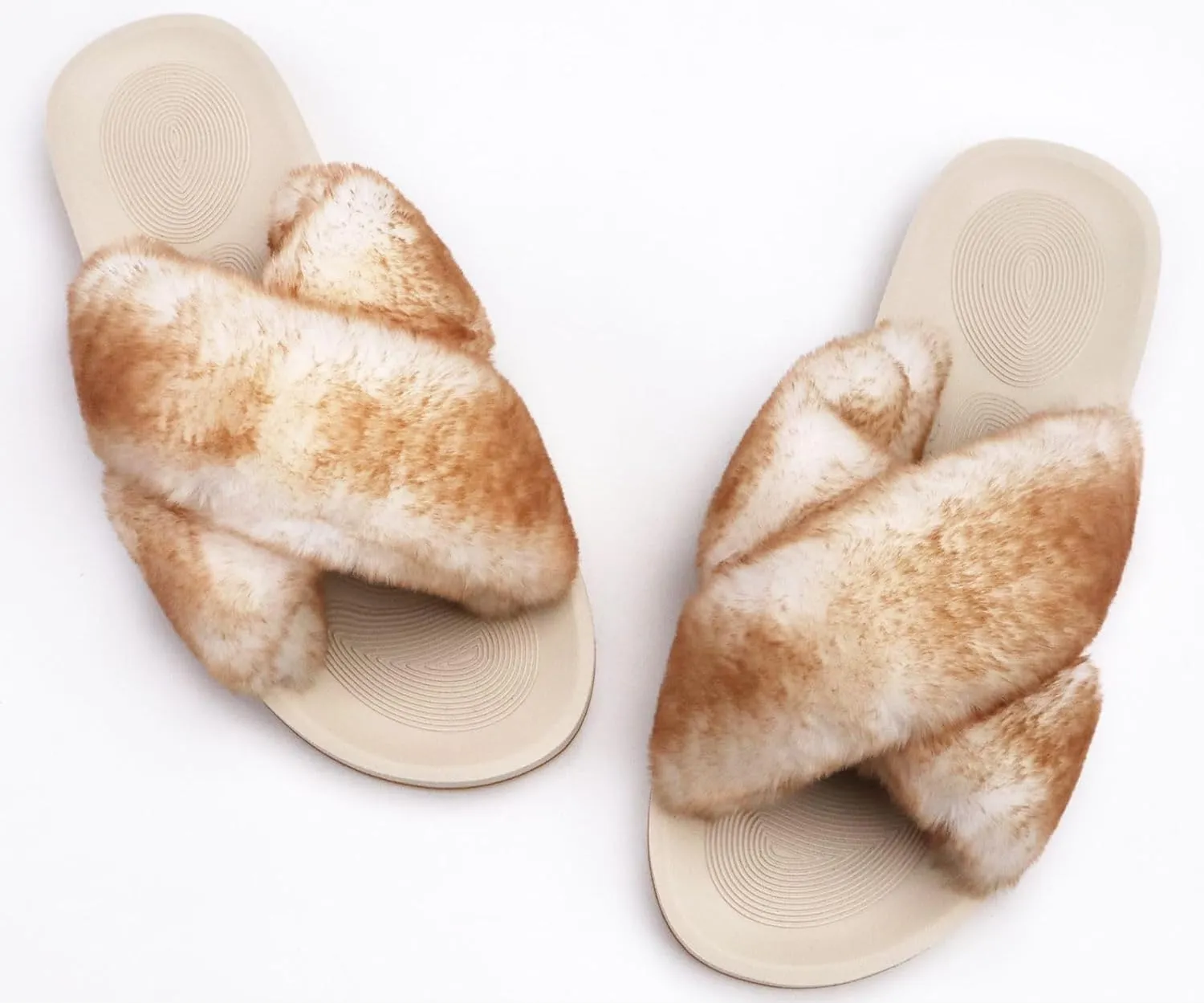 COFACE Womens Fuzzy Slides Fluff Faux Fur Cross Slippers Open Toe Yoga Mat House Slippers Sandals With Arch Support For Indoor/Outdoor