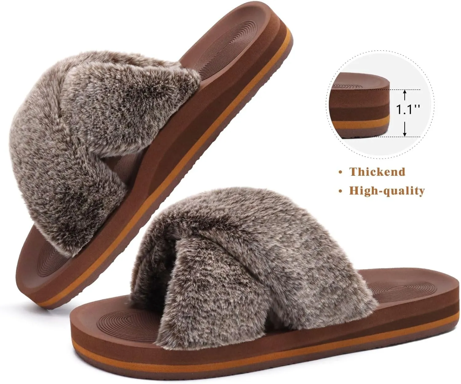 COFACE Womens Fuzzy Slides Fluff Faux Fur Cross Slippers Open Toe Yoga Mat House Slippers Sandals With Arch Support For Indoor/Outdoor