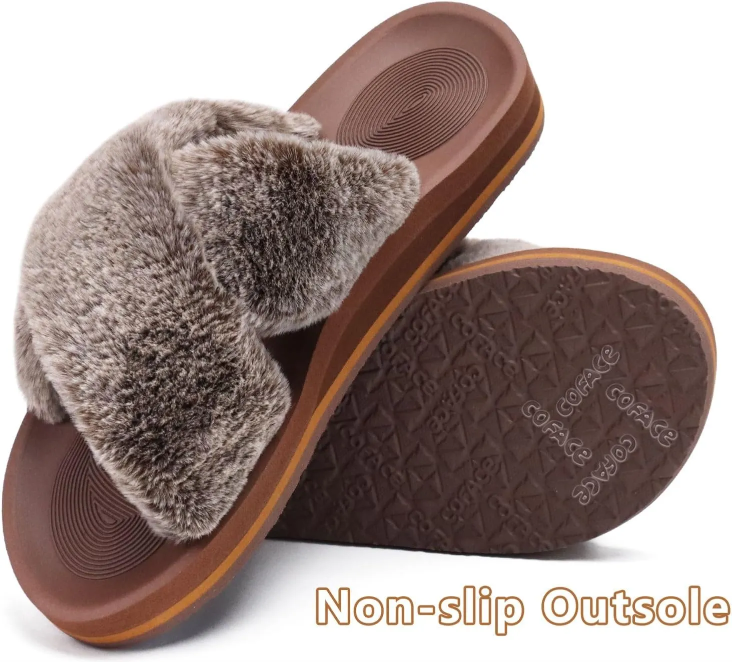 COFACE Womens Fuzzy Slides Fluff Faux Fur Cross Slippers Open Toe Yoga Mat House Slippers Sandals With Arch Support For Indoor/Outdoor