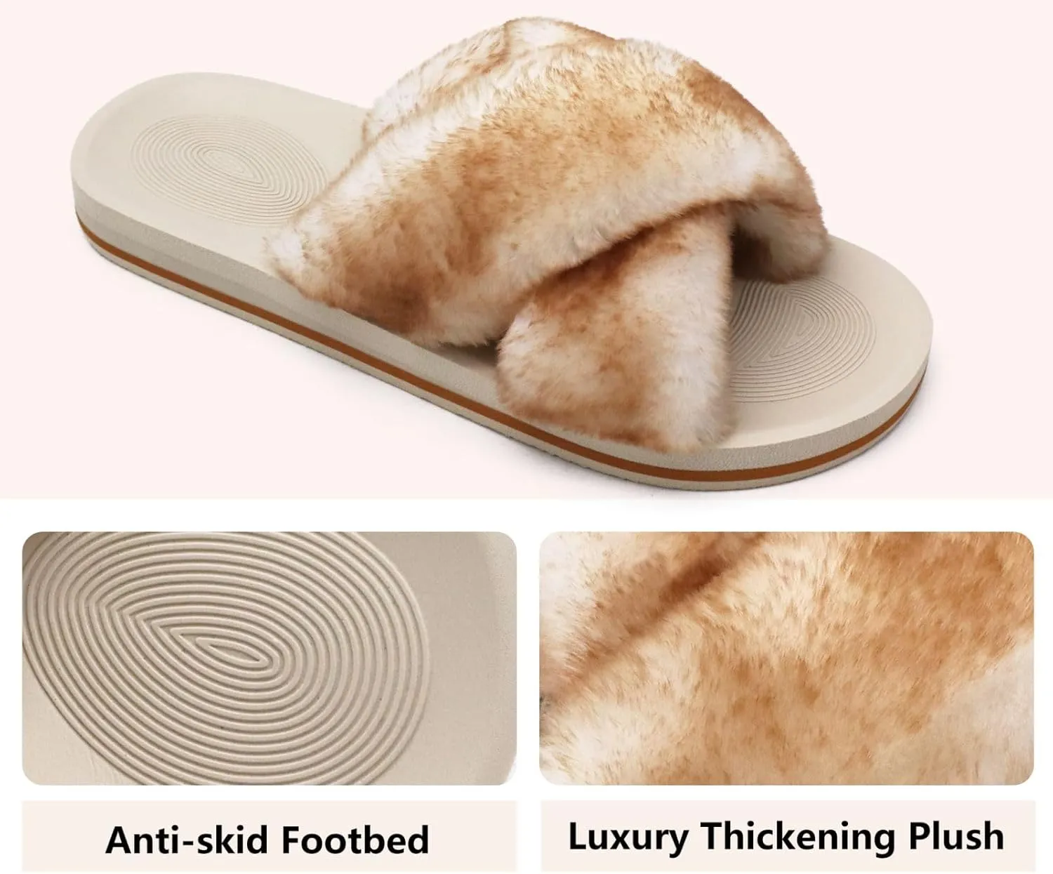 COFACE Womens Fuzzy Slides Fluff Faux Fur Cross Slippers Open Toe Yoga Mat House Slippers Sandals With Arch Support For Indoor/Outdoor